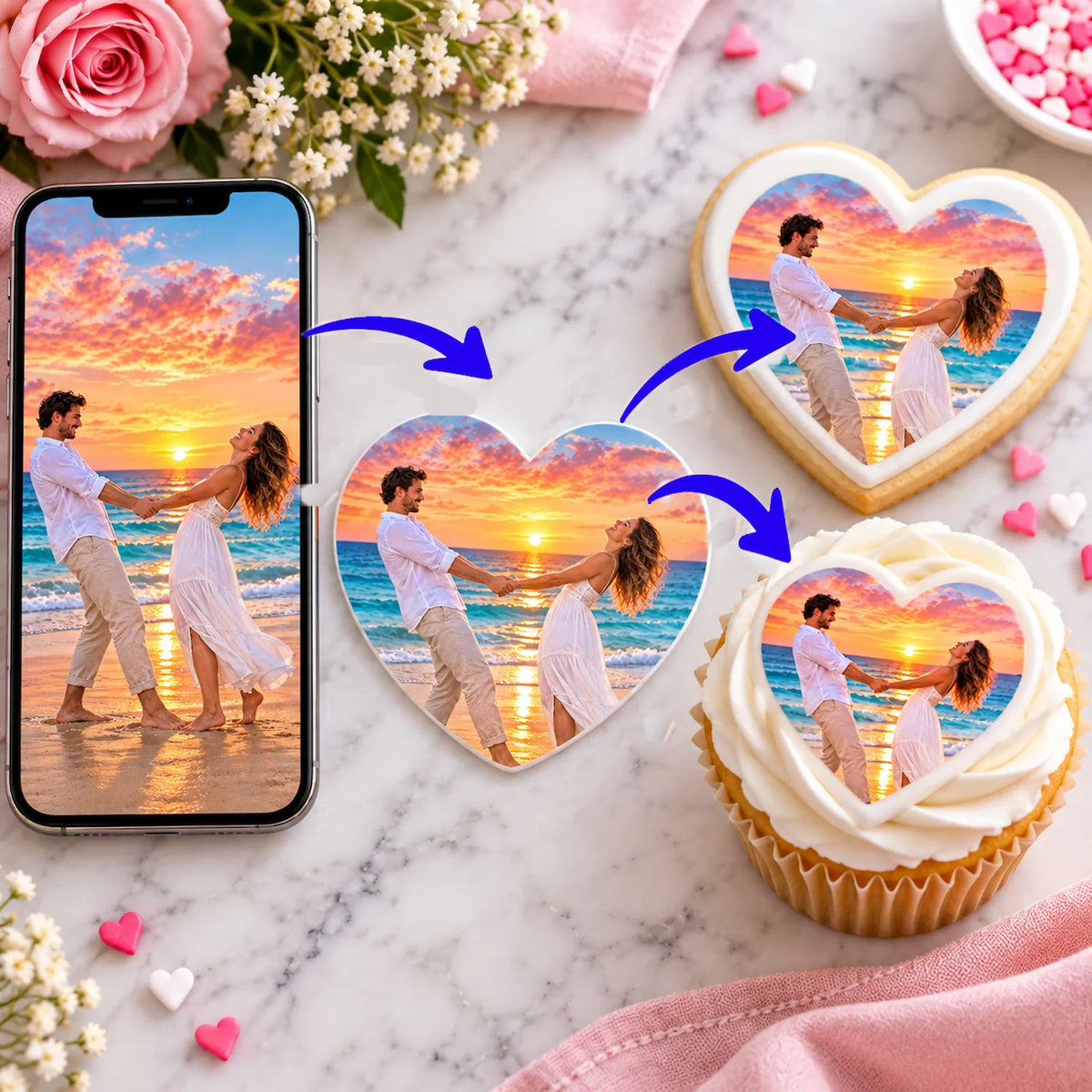 Smartphone photo turning into a precut heart edible icing topper for decorated cookies and cupcakes