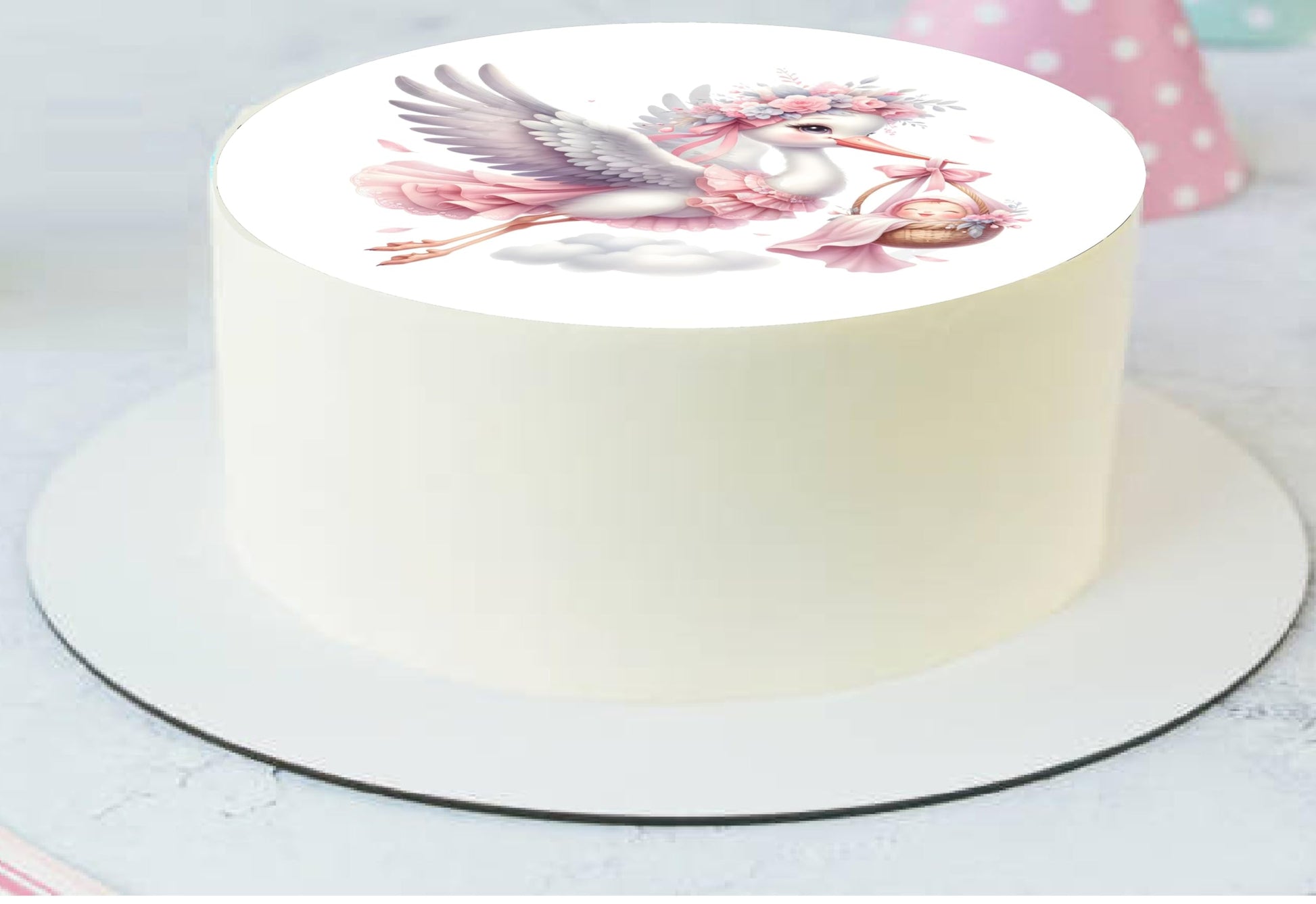 Edible Icing Images Stork baby Girl Arrival Announcement Cake Topper
