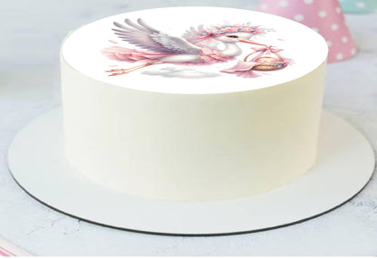 Edible Icing Images Stork baby Girl Arrival Announcement Cake Topper