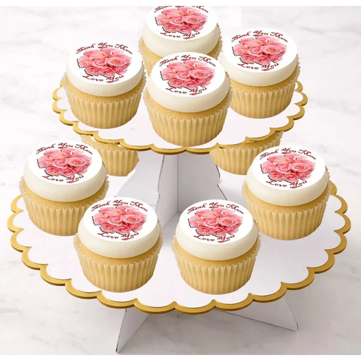 Mother's Day Peach Rose Bouquet Edible Cookie & Cupcake Toppers – 20 Precut on cupcakes.