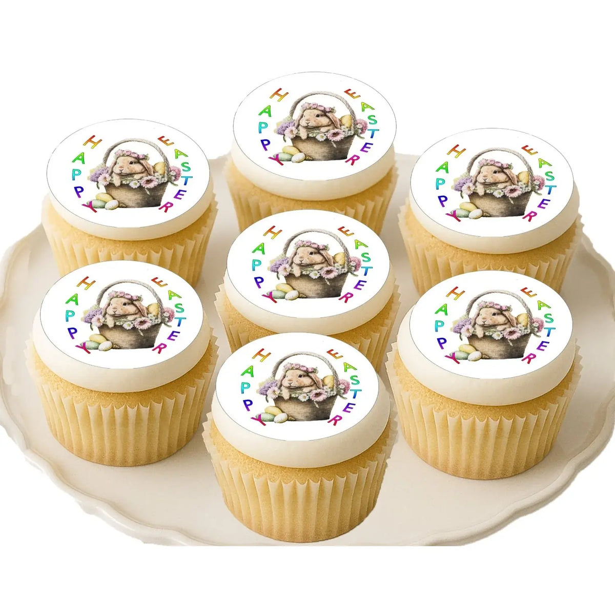 Easter Bunny Basket Edible Cookie & Cupcake Toppers – 20 Precut on decorated cupcakes.