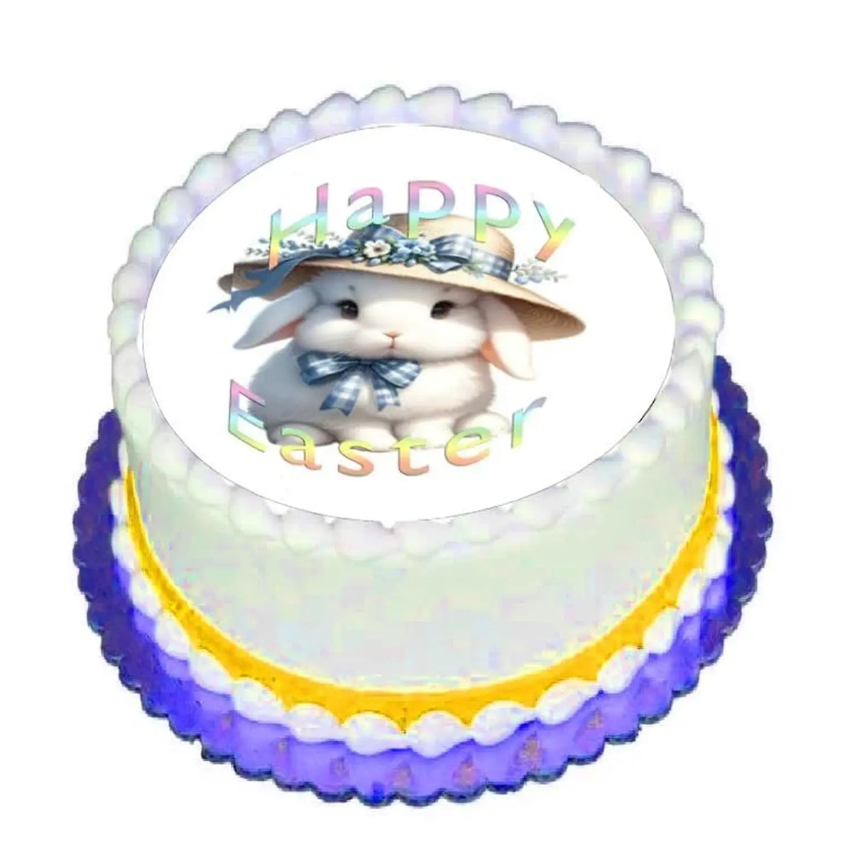 Easter Bunny in Hat Edible Icing Cake Topper – 8-Inch Round on a round frosted cake.