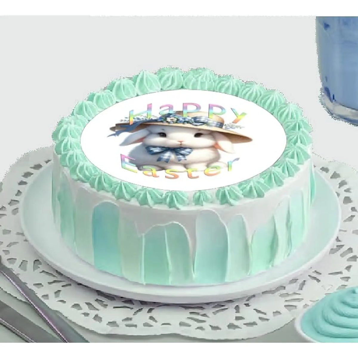 Easter Bunny in Hat Edible Icing Cake Topper – 8-Inch Round on a round frosted cake.
