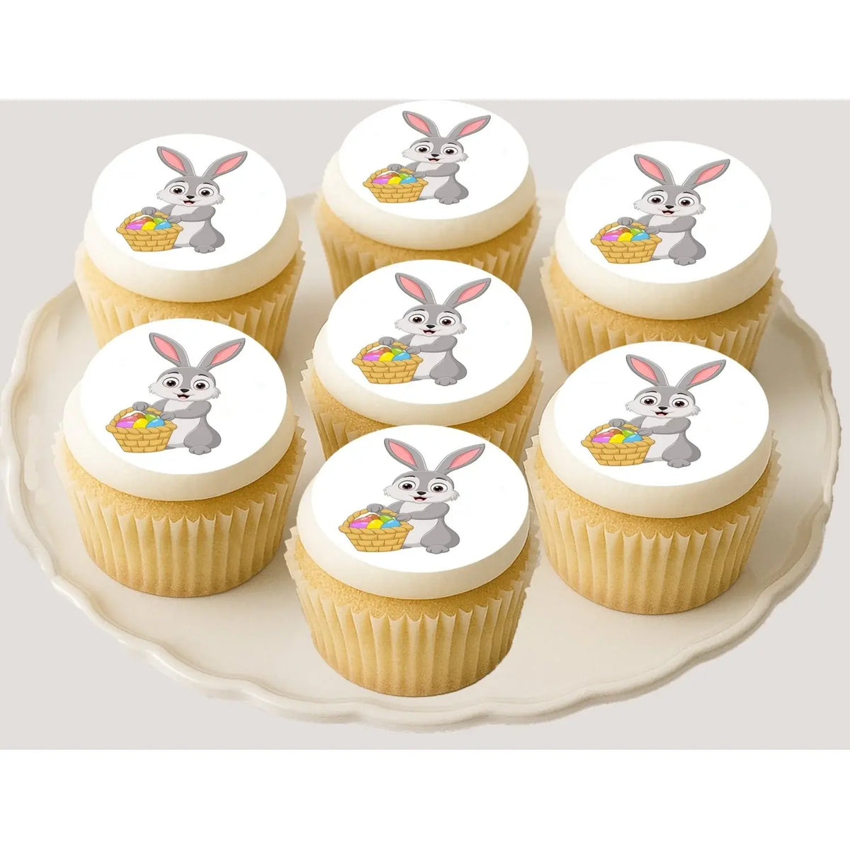 Easter Bunny with Basket Edible Cookie & Cupcake Toppers – 20 Precut on decorated cupcakes.