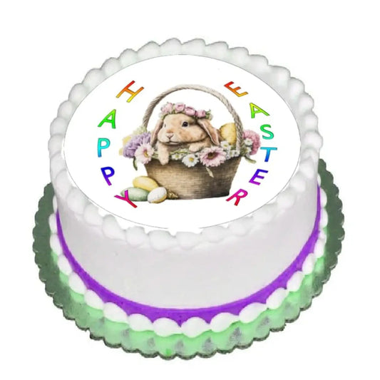 Cute Easter Bunny in Basket Edible Icing Cake Topper – 8-Inch Round on a round frosted cake.