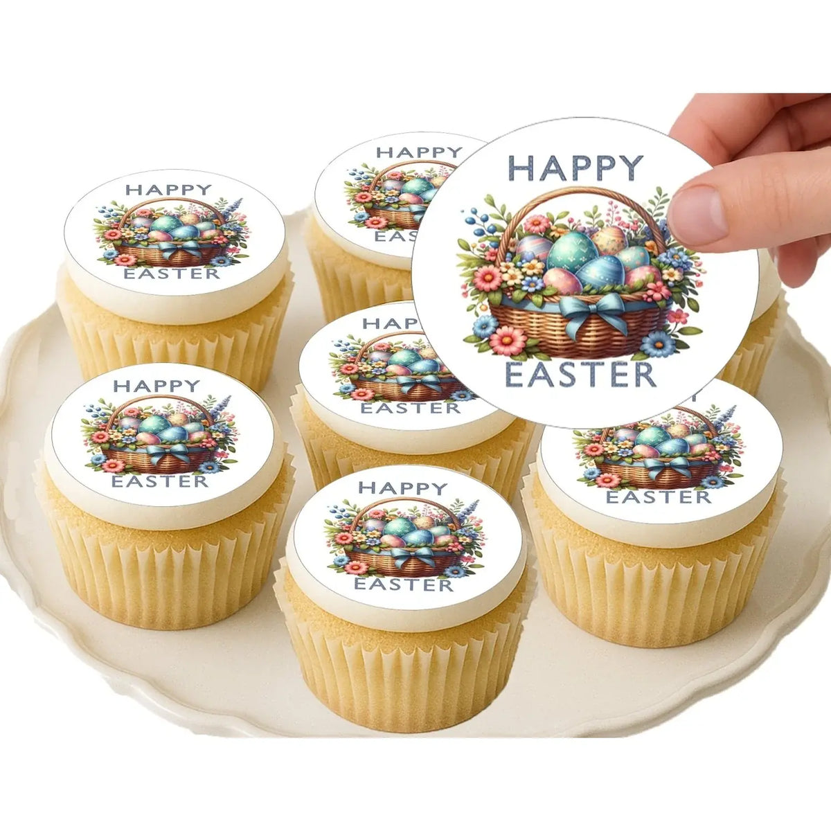 Easter Egg Basket Edible Cookie & Cupcake Toppers – 20 Precut on decorated cupcakes.