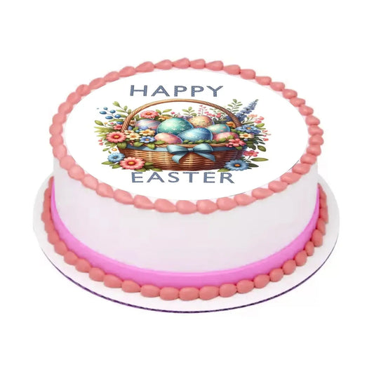Easter Egg Basket Edible Icing Cake Topper – 8-Inch Round on a round frosted cake.