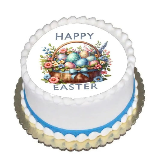 Easter Egg Basket Edible Icing Cake Topper – 8-Inch Round on a round frosted cake.