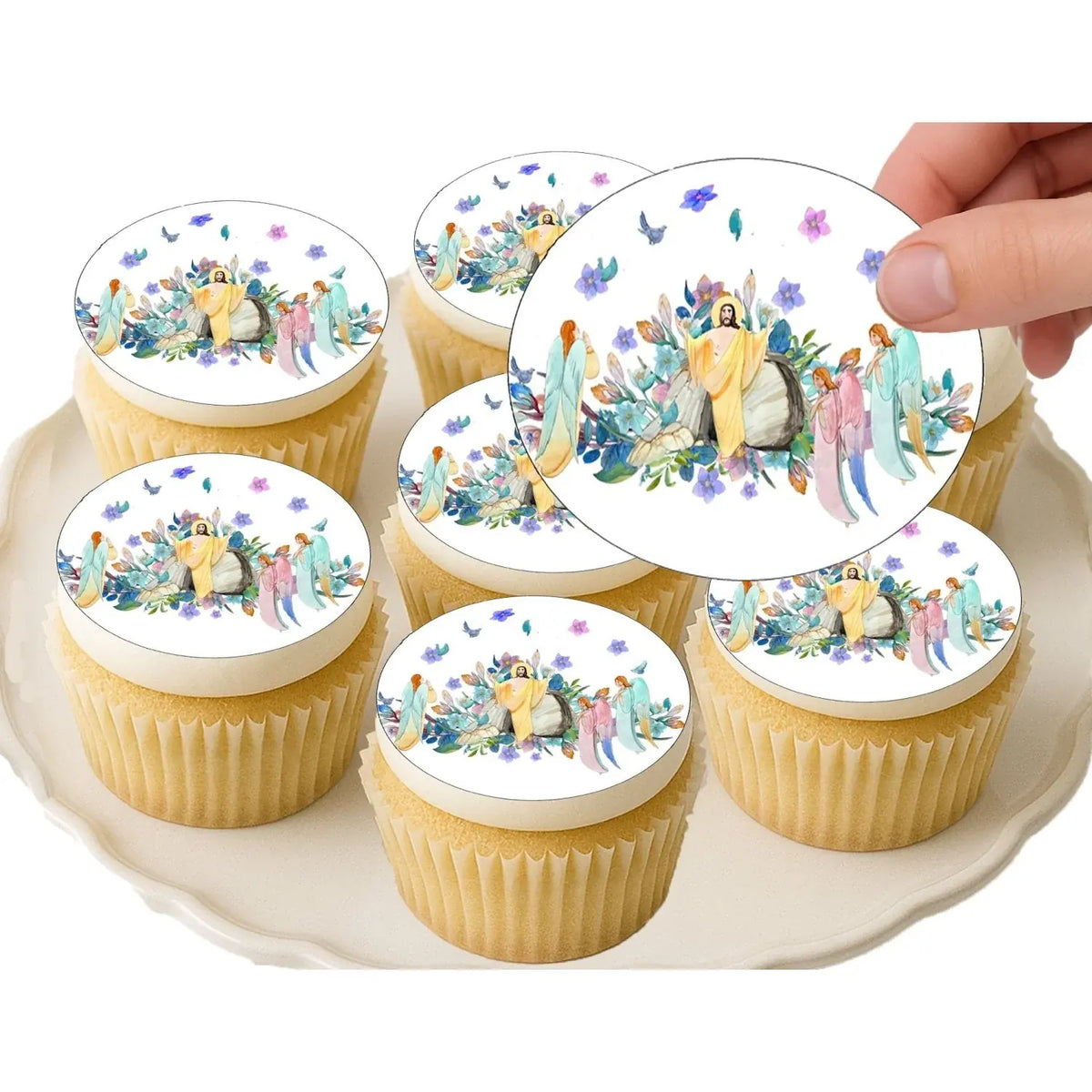 Easter He Has Risen Edible Cookie & Cupcake Toppers – 20 Precut on decorated cupcakes.