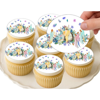 Easter He Has Risen Edible Cookie & Cupcake Toppers – 20 Precut on decorated cupcakes.