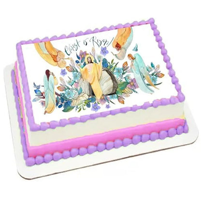 Easter He Has Risen Edible Icing Sheet Cake Topper on a frosted sheet cake.
