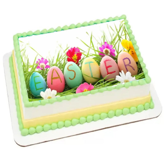 Easter Tulips Edible Icing Sheet Cake Topper on a frosted sheet cake.