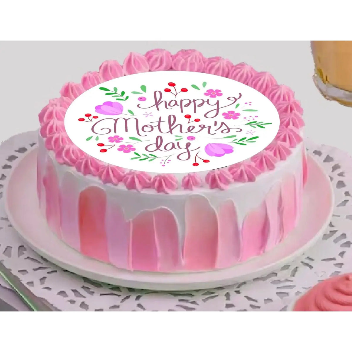 Mother's Day Beautiful Mom Edible Icing Cake Topper – 8-Inch Round on a round cake.