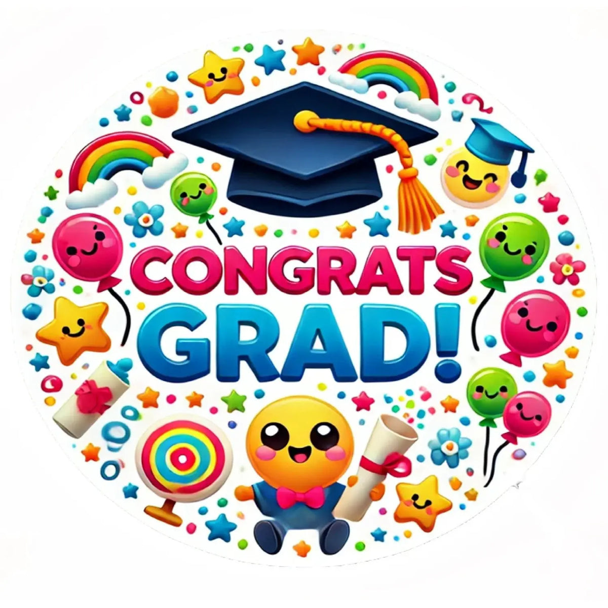 Congrats Grad Edible Icing Cake Topper – 8-Inch Round round topper design.