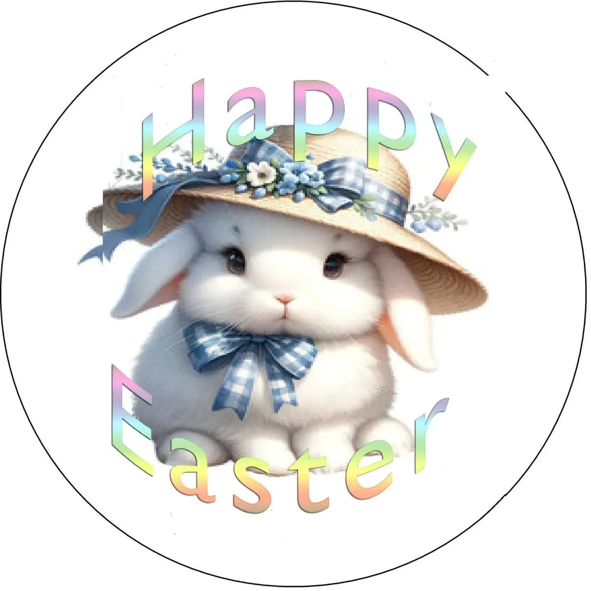 Easter Bunny in Hat Edible Icing Cake Topper – 8-Inch Round round topper design.