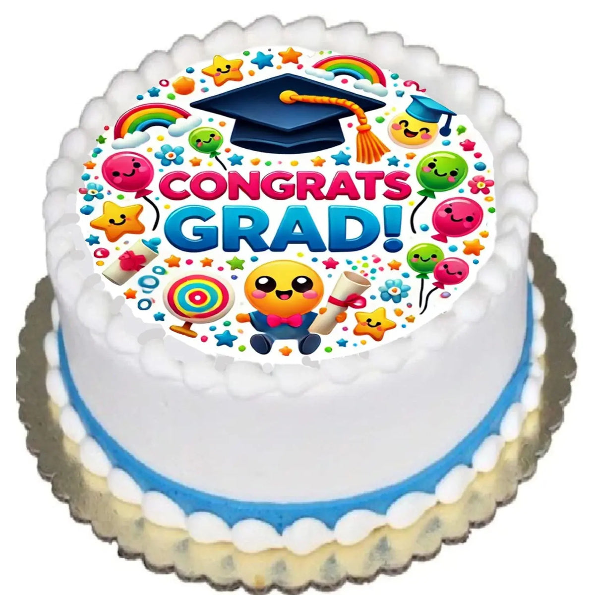 Congrats Grad Edible Icing Cake Topper – 8-Inch Round on a round frosted cake.