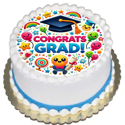 Congrats Grad Edible Icing Cake Topper – 8-Inch Round on a round frosted cake.
