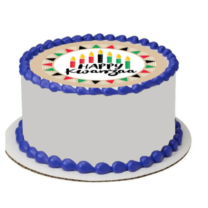 Kwanzaa Celebration Edible Icing Cake Topper – 8-Inch Round on a round cake with blue frosting.