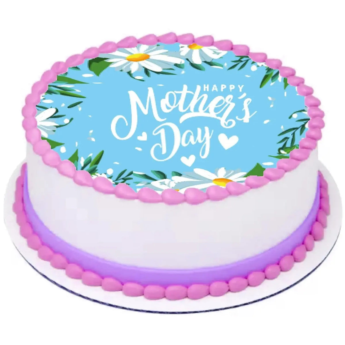 Mother's Day Daisies Edible Icing Cake Topper – 8-Inch Round on a round cake.