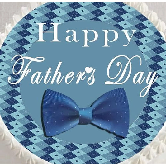 Father's Day edible icing cake topper with a blue bow tie, shown close up on a cake.