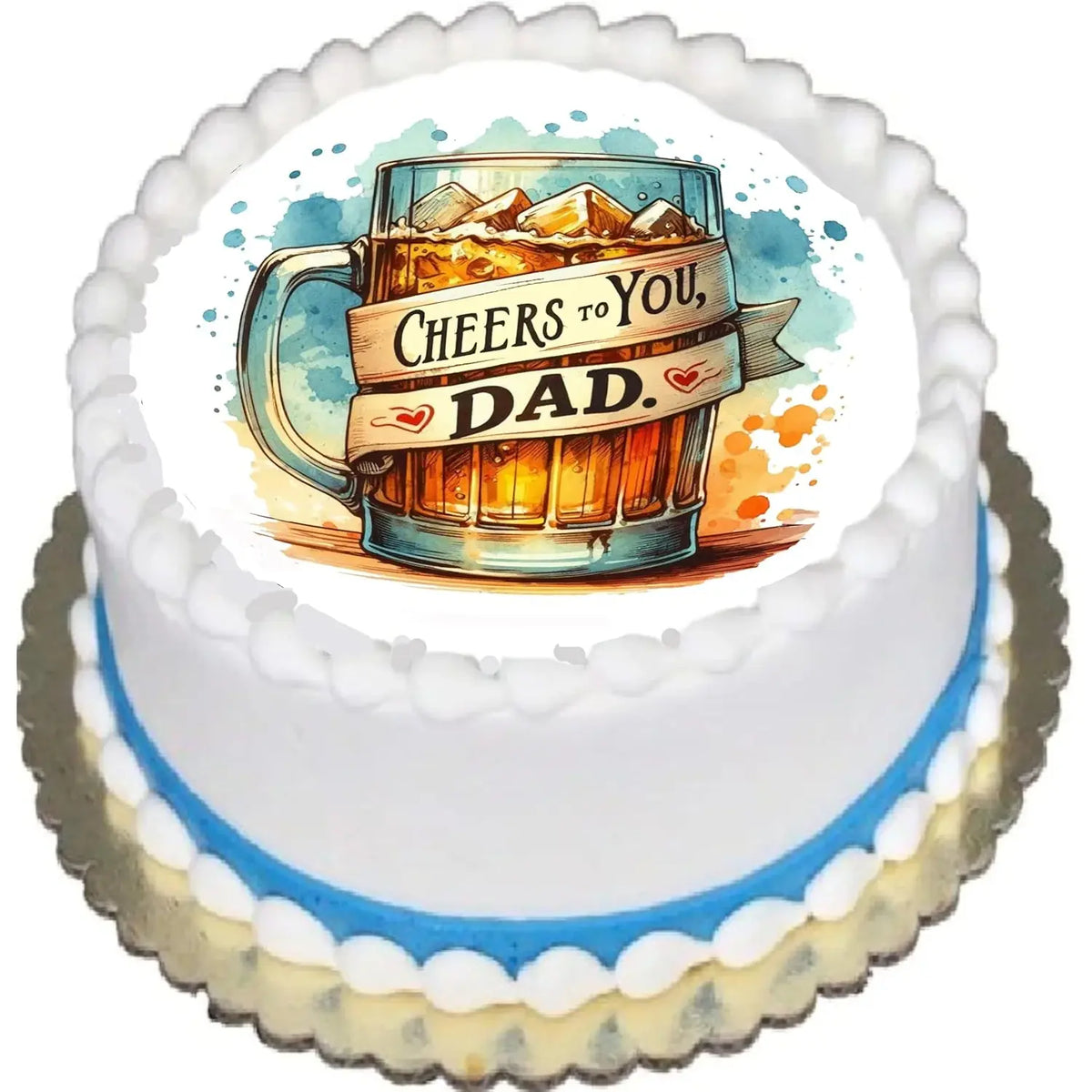 Father's Day edible icing cake topper with a mug with Cheers to You Dad lettering, shown on a frosted cake.