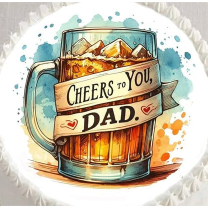 Father's Day edible icing cake topper with a mug with Cheers to You Dad lettering, shown close up on a cake.