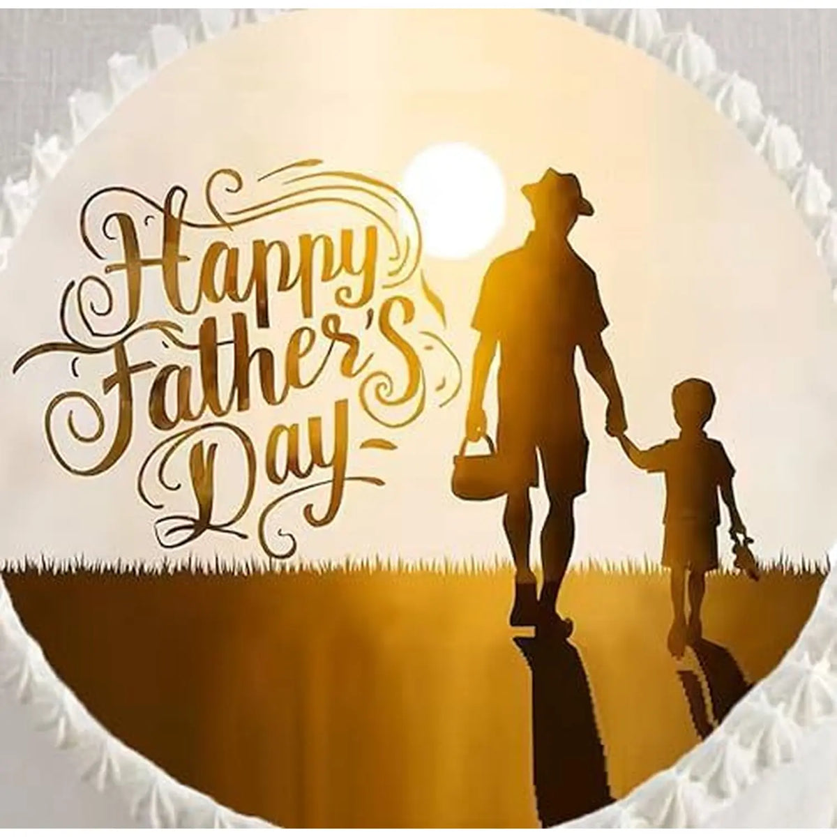 Father's Day edible icing cake topper with a father and child silhouette, shown close up on a cake.
