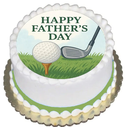 Father's Day edible icing cake topper with a golf ball and club, shown on a frosted cake.