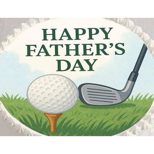 Father's Day edible icing cake topper with a golf ball and club, shown close up on a cake.