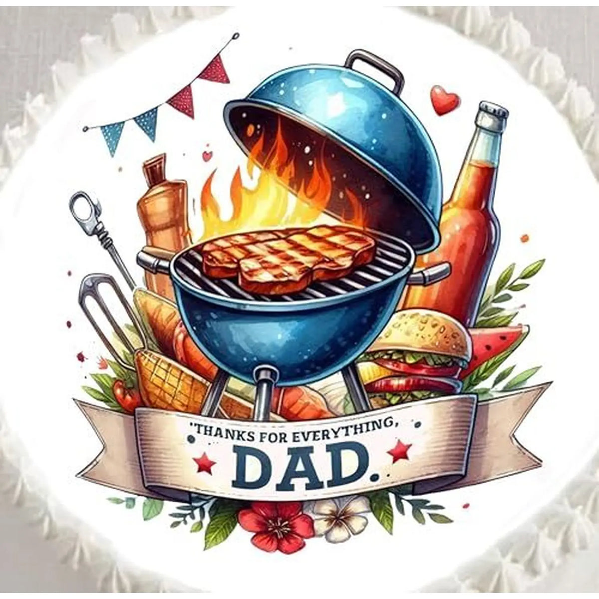 Father's Day edible icing cake topper with a barbecue grill, shown close up on a cake.