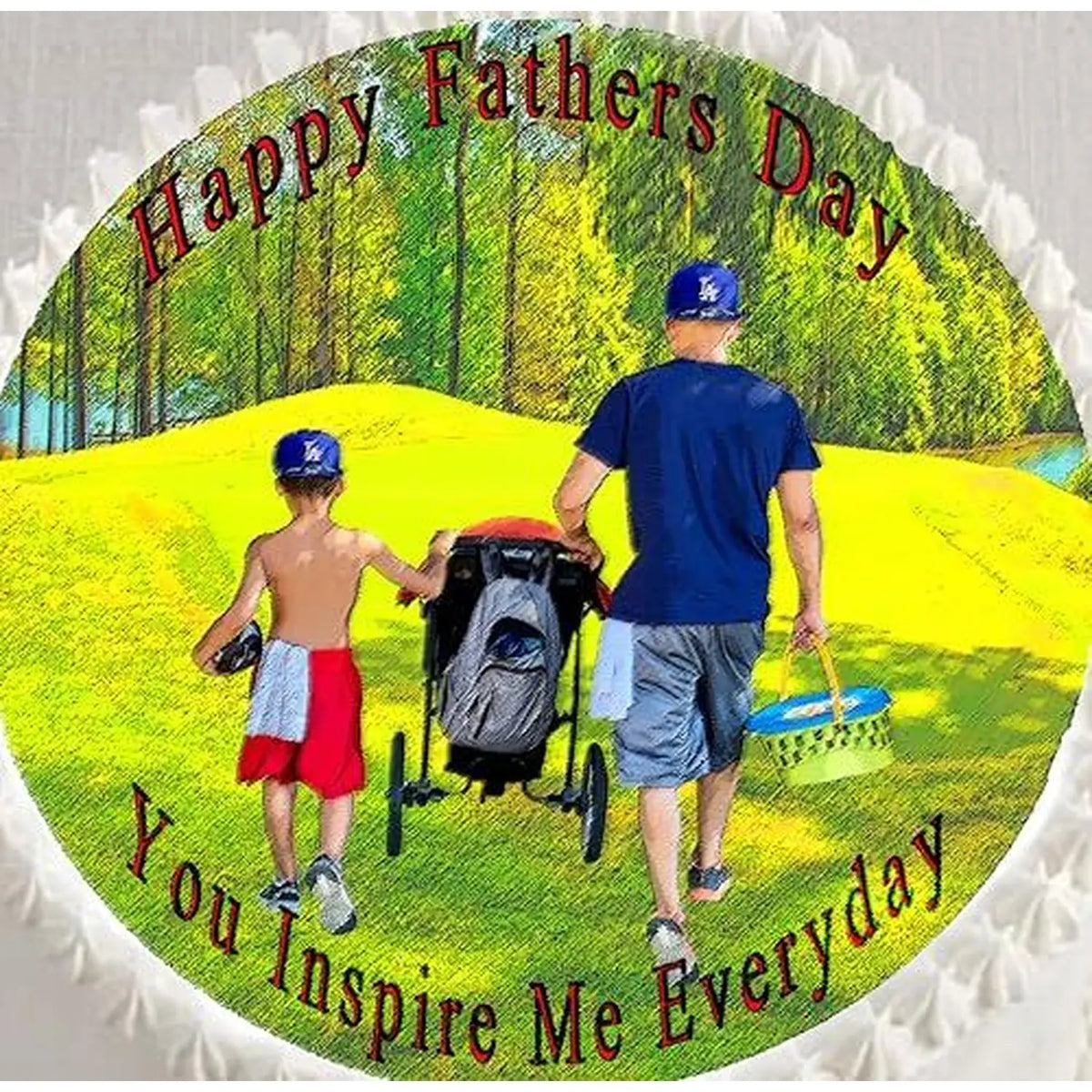 Father's Day edible icing cake topper with a father and children walking in a park, shown close up on a cake.