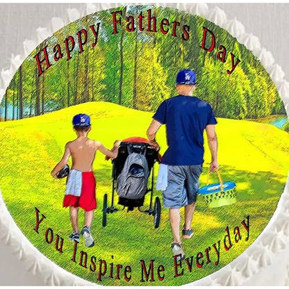 Father's Day edible icing cake topper with a father and children walking in a park, shown close up on a cake.