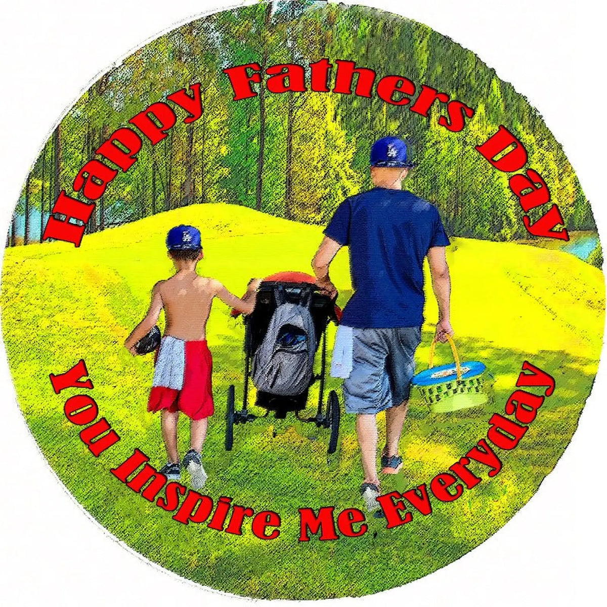 Father's Day edible icing cake topper with a father and children walking in a park, round design.
