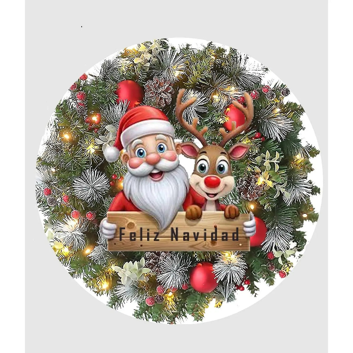 Feliz Navidad Santa Wreath Christmas edible icing round cake topper design.