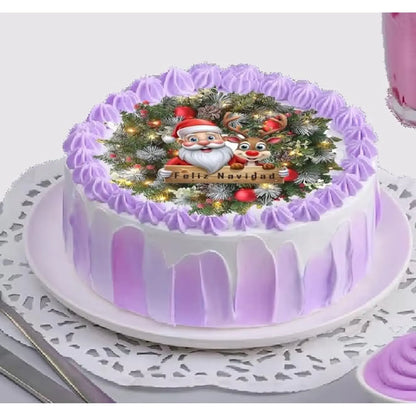 Feliz Navidad Santa Wreath Christmas edible icing round cake topper shown on a frosted cake.
