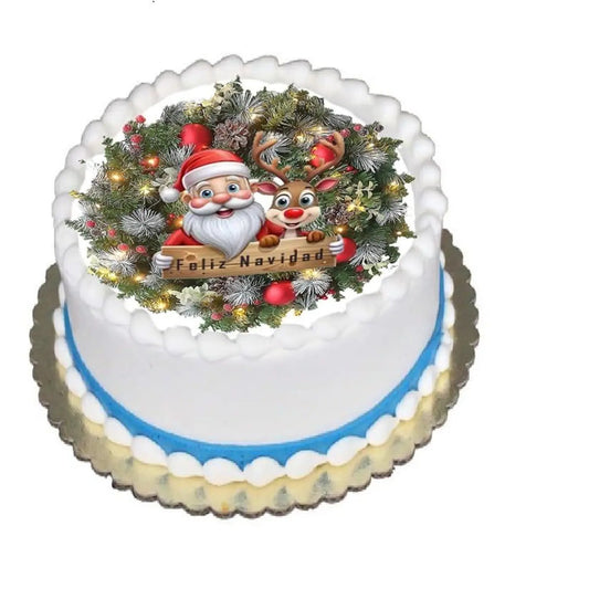 Feliz Navidad Santa Wreath Christmas edible icing round cake topper shown on a frosted cake.
