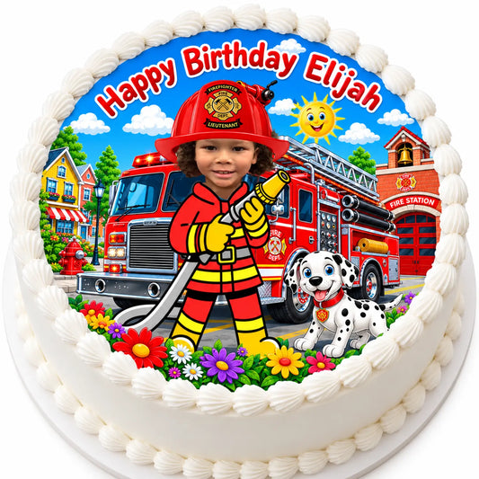 Custom photo firefighter edible icing round cake topper with red firetruck and Dalmatian on a white cake - RA Pape