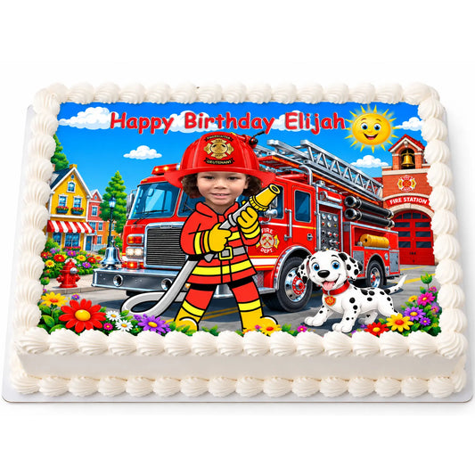 Custom photo firefighter edible icing sheet cake topper with red firetruck and Dalmatian on a white rectangular cake - RA Pape