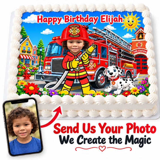 Send your child’s photo for a personalized firefighter edible icing sheet cake topper - RA Pape
