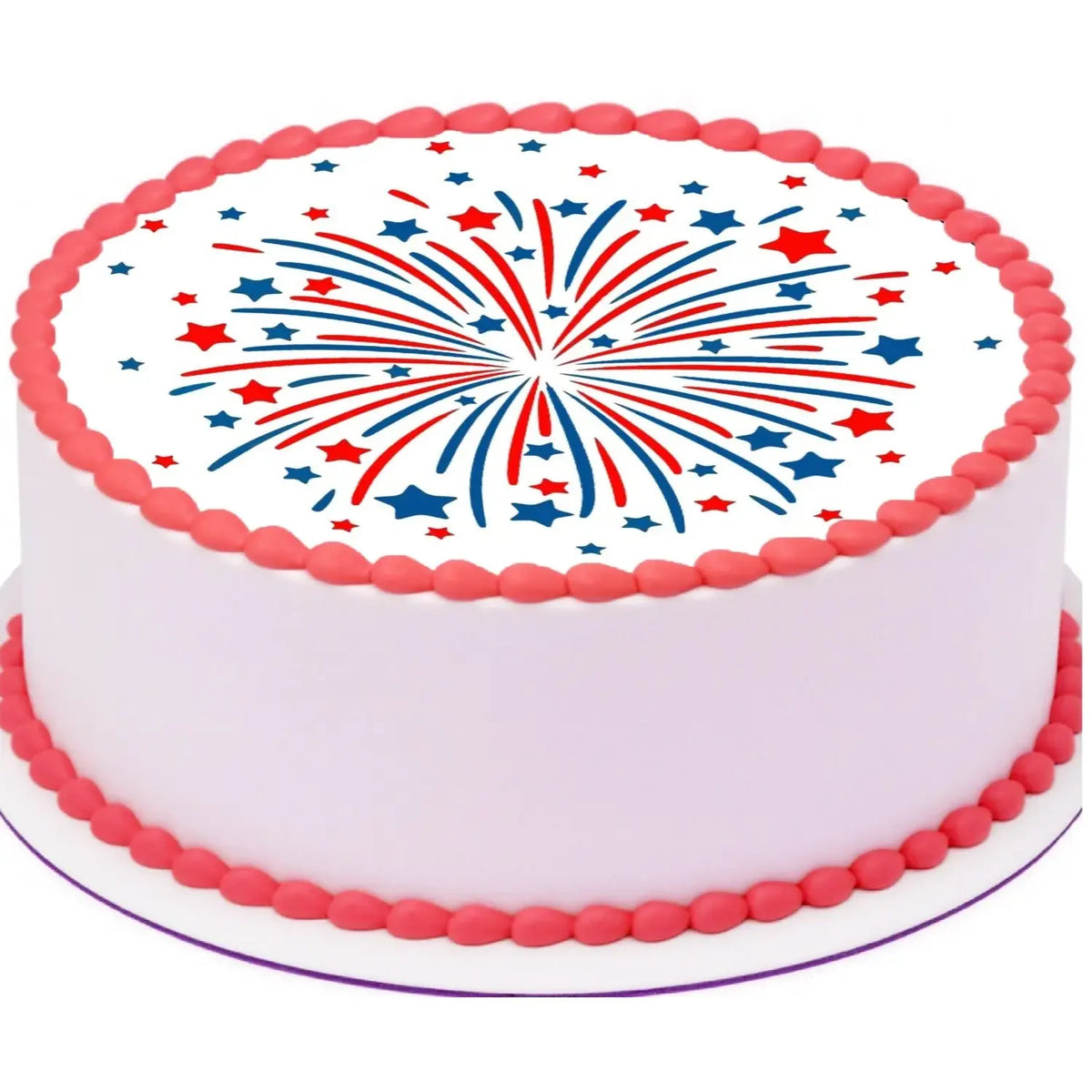 Red White and Blue Fireworks Edible Icing Cake Topper – 8-Inch Round on a round cake.