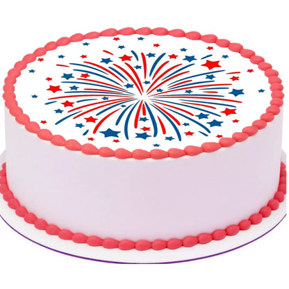 Red White and Blue Fireworks Edible Icing Cake Topper – 8-Inch Round on a round cake.