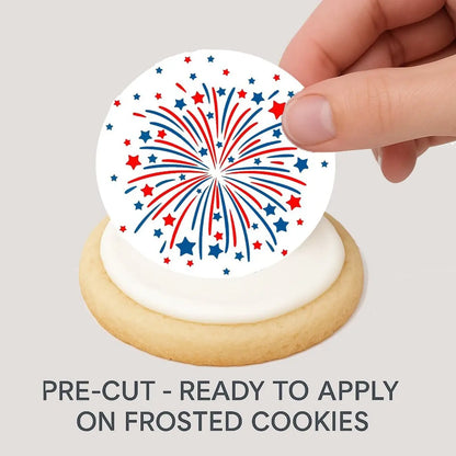 July 4th Fireworks Edible Cookie & Cupcake Toppers – 20 Precut being placed on a frosted cookie.