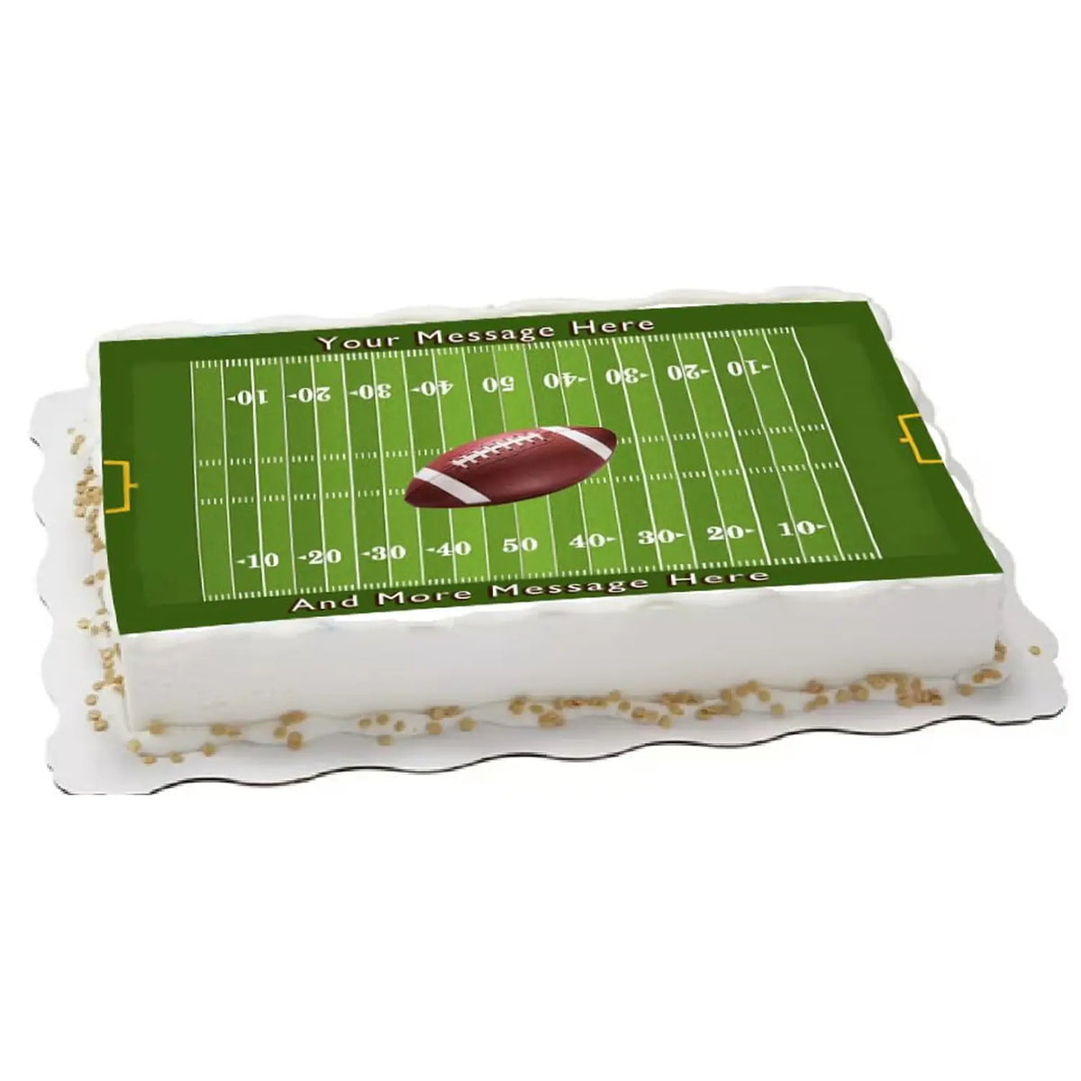 Football Field Edible Icing Sheet Cake Topper, on a white frosted sheet cake.