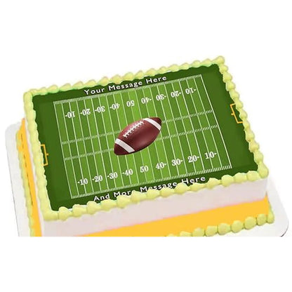 Football Field Edible Icing Sheet Cake Topper, on a yellow frosted sheet cake.