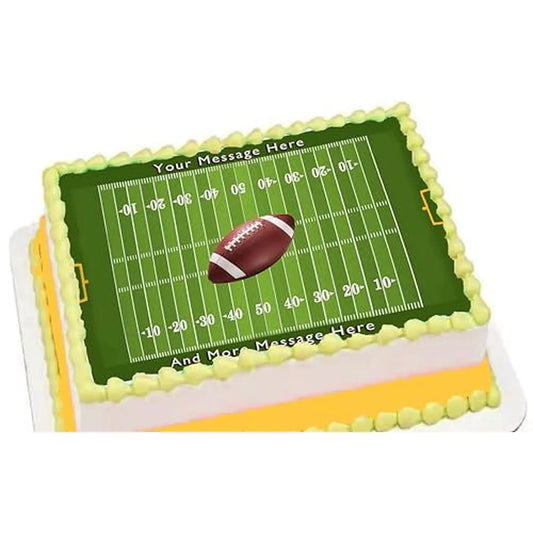 Football Field Edible Icing Sheet Cake Topper, on a yellow frosted sheet cake.