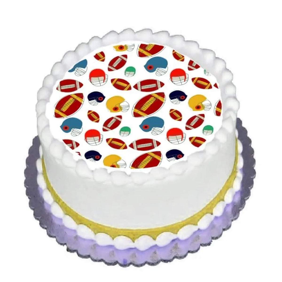 Football Game Edible Icing Cake Topper, on a round cake with purple frosting.