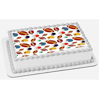 Football Game Edible Icing Sheet Cake Topper, on a white frosted sheet cake.