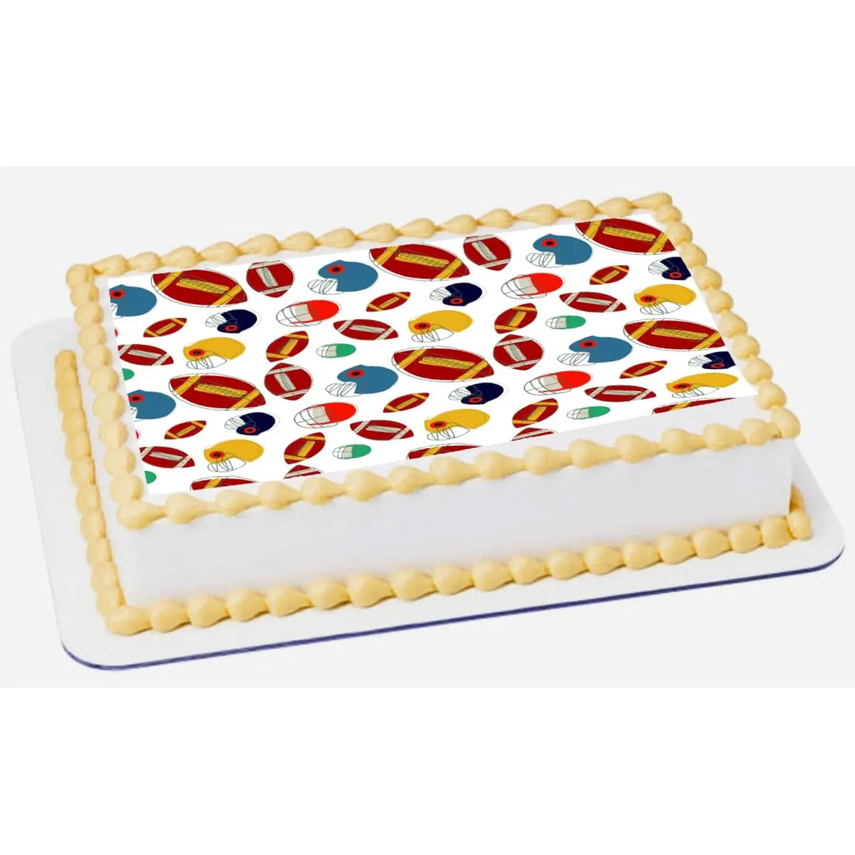 Football Game Edible Icing Sheet Cake Topper, on a yellow frosted sheet cake.