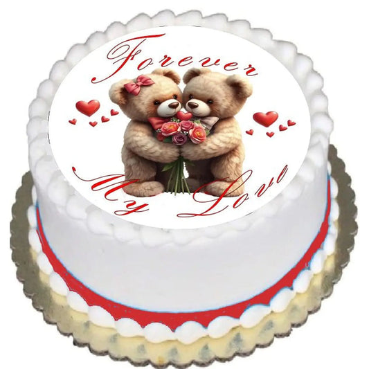 Forever My Love Anniversary Edible Icing Cake Topper – 8-Inch Round on a round frosted cake.