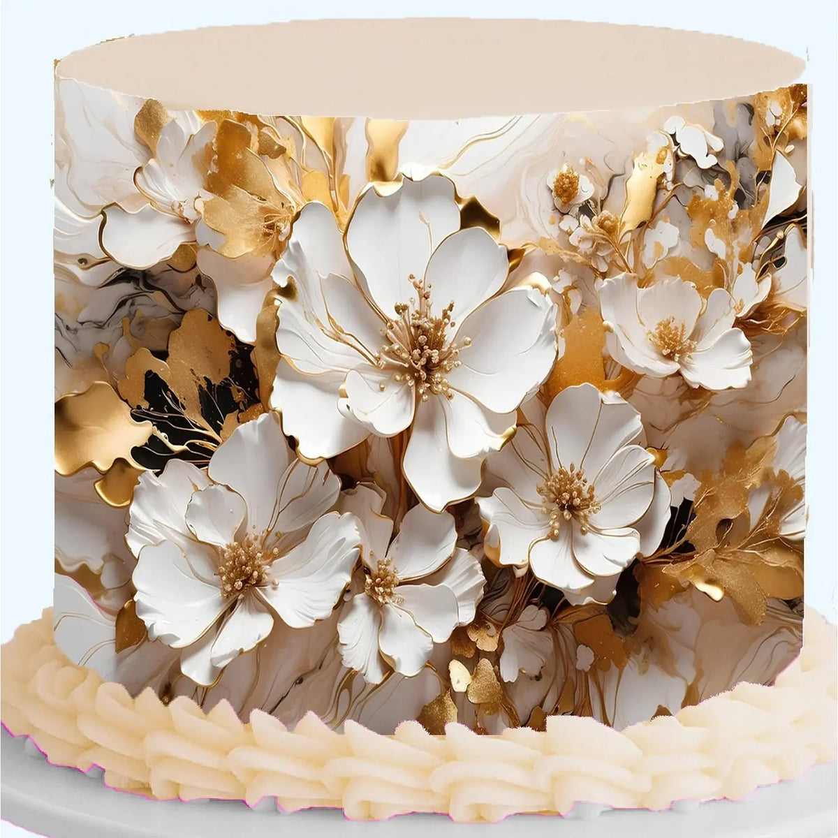 Golden Bloom floral seamless edible icing cake wrap displayed on a cake.